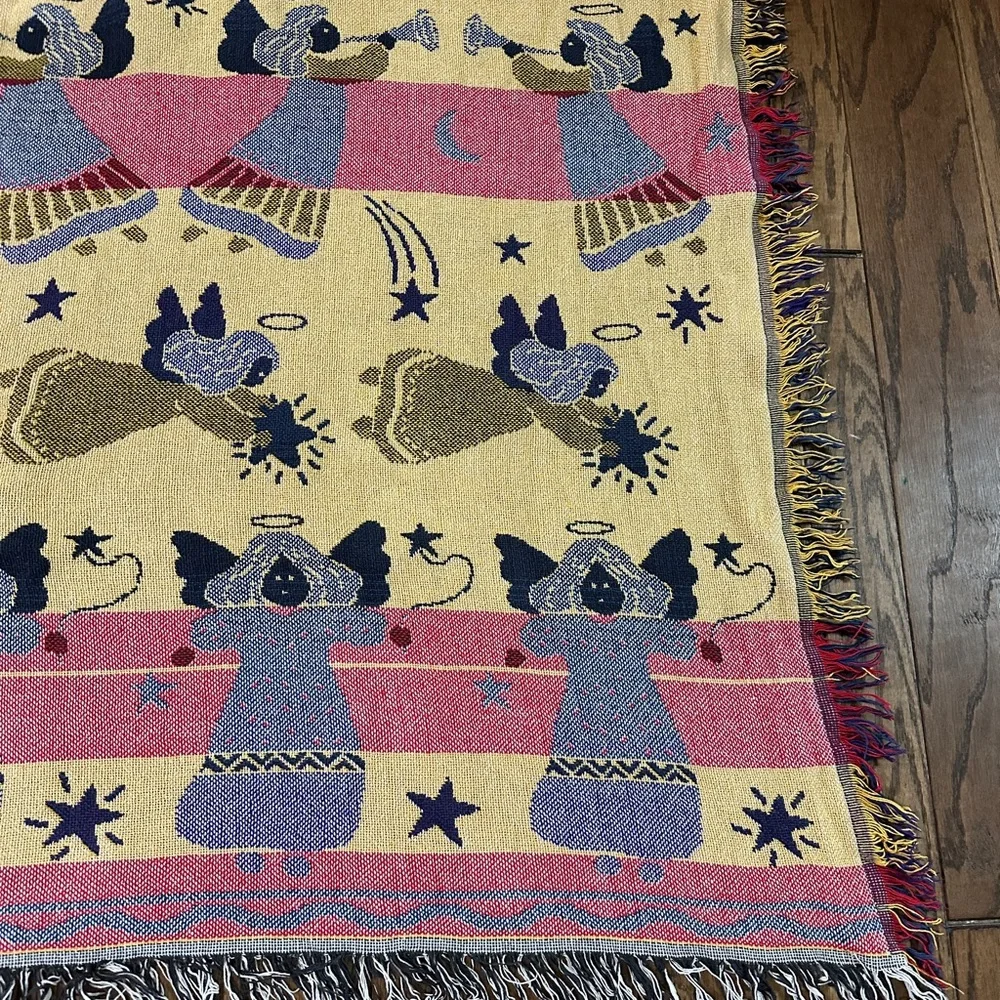Vintage Angel Tapestry Throw Blanket Christmas Woven Fringe Nativity 44x55”